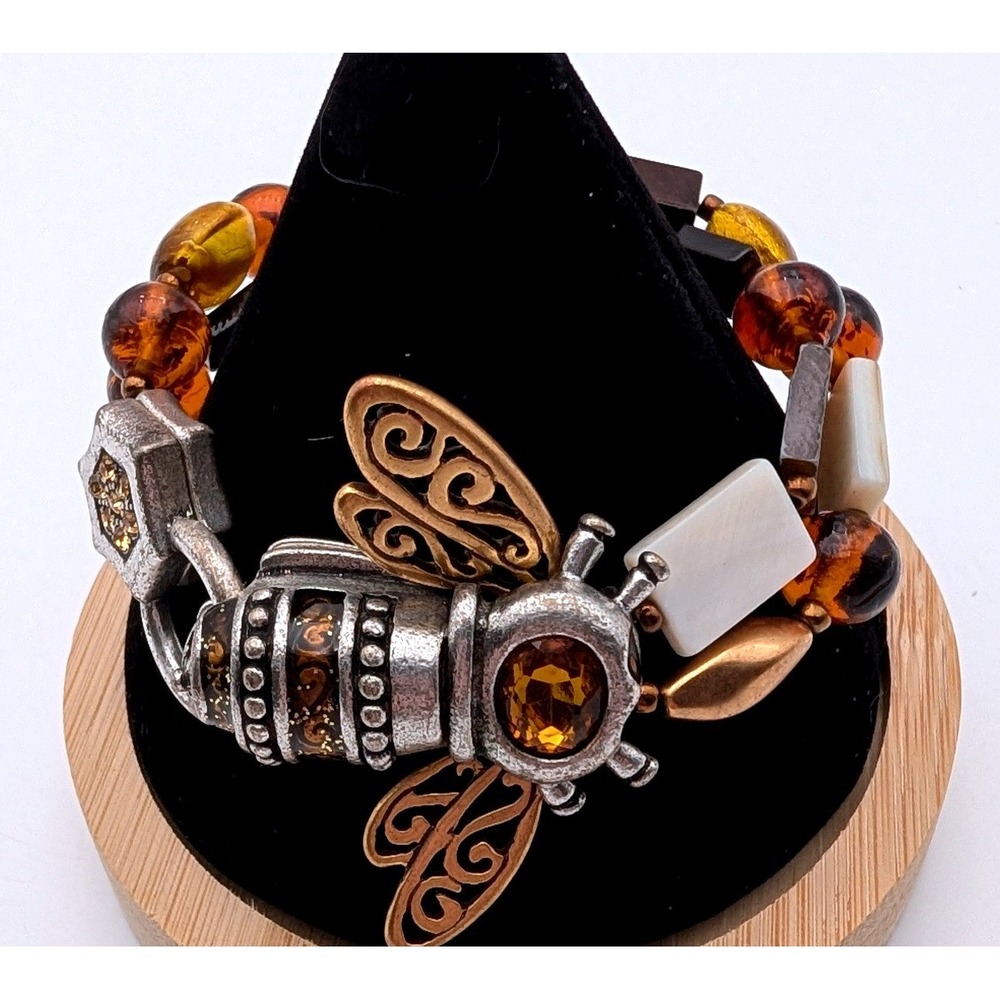 Chico's Mixed Media Bee Bracelet Amber Glass Mother of Pearl Honeycomb Toggle
